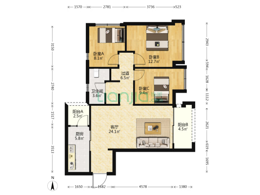 东原嘉阅湾风华著A区 3室1厅1卫 97平方