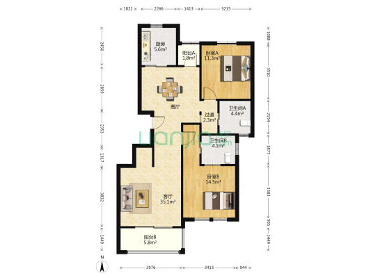 檀乡湾 2室1厅2卫 110平方