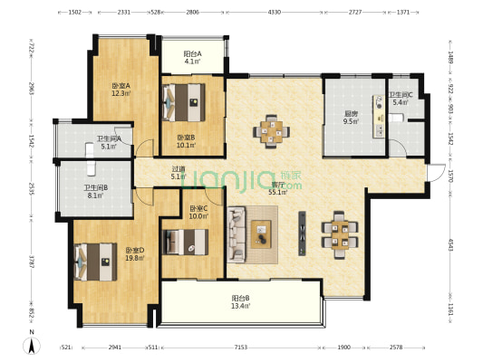 仁恒海棠公园无界 4室1厅3卫 190平方