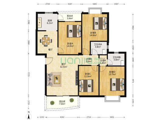 东新熙园 4室1厅2卫 135平方
