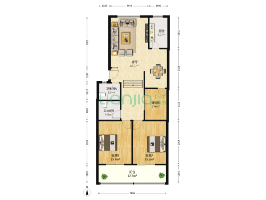 新居庄园 2室1厅2卫 127平方