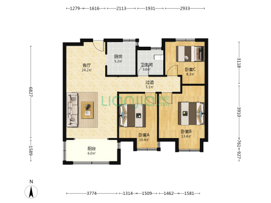 秀竹雅居 3室1厅1卫 104平方