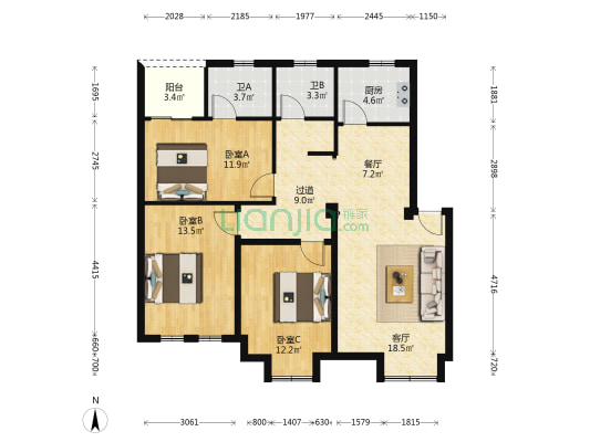 汶川干休所家属院 3室2厅2卫 105平方