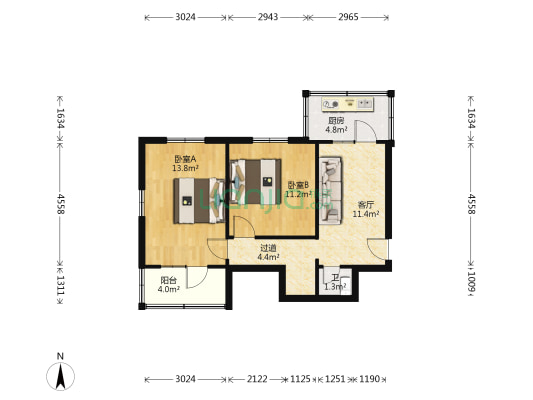 建国楼优质两居室，户型方正得房率高-户型图