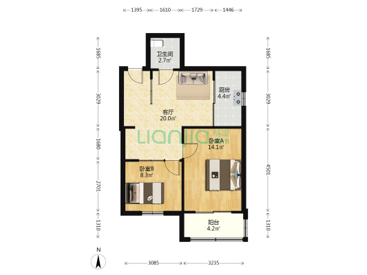 新育社区 2室1厅1卫 64平方