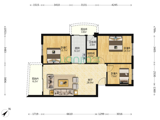 灵龙苑 3室1厅1卫 100平方