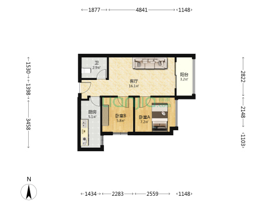 中房·翰林门 2室1厅1卫 63平方