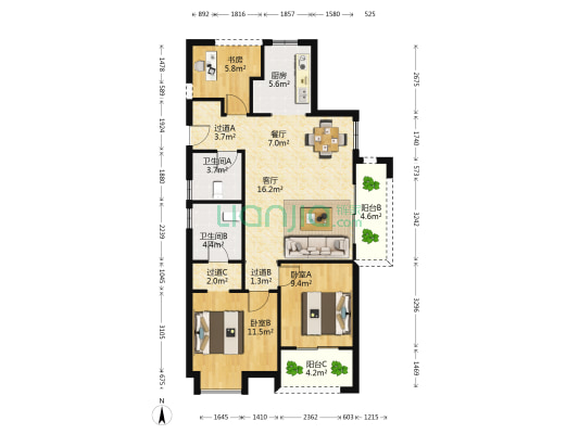 高桥阳光城 3室2厅2卫 97平方