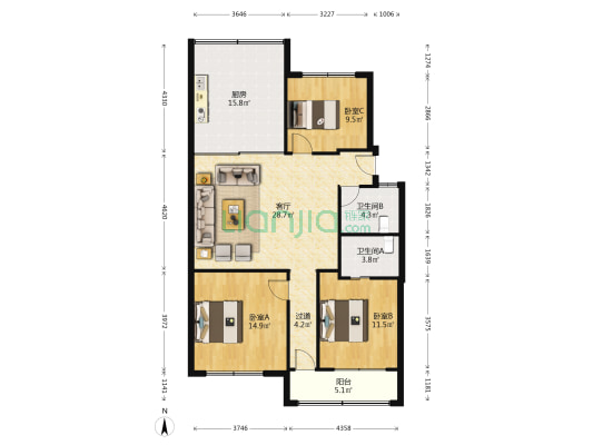 机站住宅区 3室1厅2卫 125平方