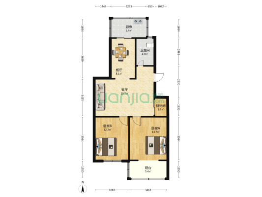 东方宾馆家属院 2室2厅1卫 89平方