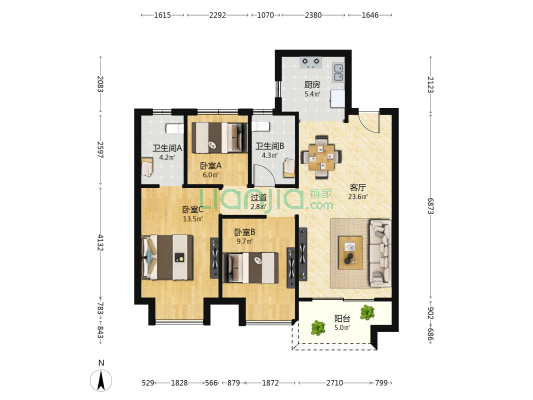 保利紫云 3室1厅2卫 100平方