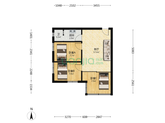 珠影综合楼 3室1厅1卫 54平方