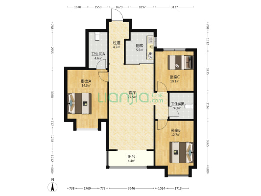 优山美郡C区 3室1厅2卫 123平方