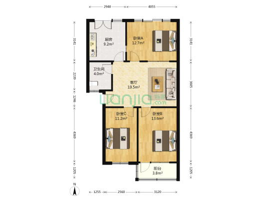 建筑公司家属楼 3室1厅1卫 90平方