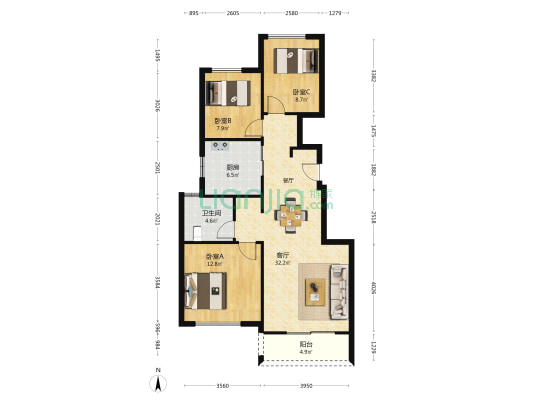 融创空港宸院 3室1厅1卫 105平方
