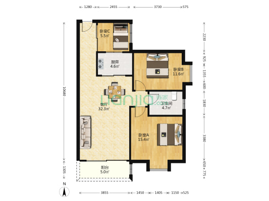澳景蓝庭 3室1厅1卫 95平方