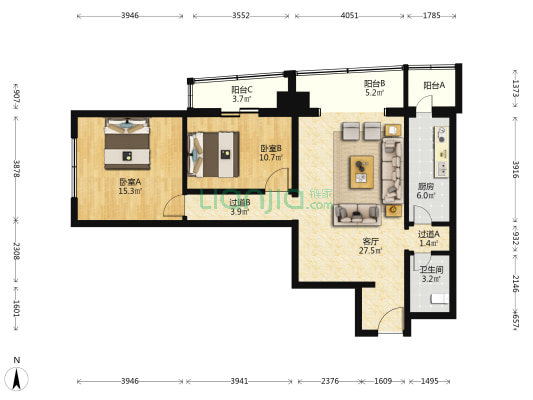 新纪元公寓 2室1厅1卫 122平方