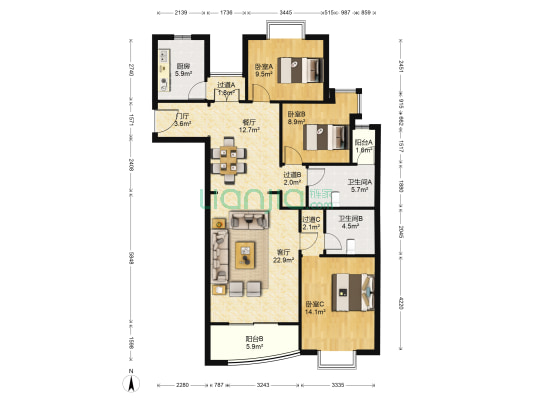 宗鑫公寓 3室2厅2卫 140平方