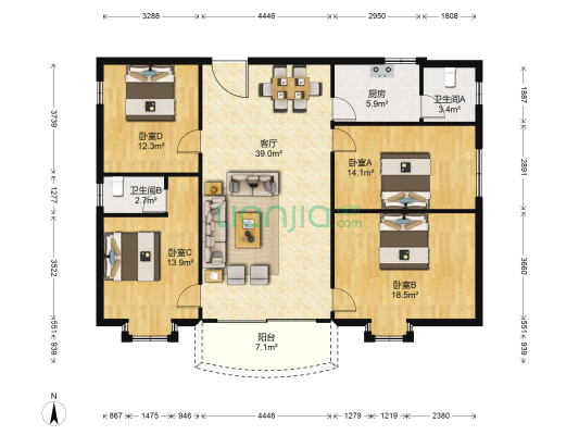 时代花园 4室1厅2卫 133平方