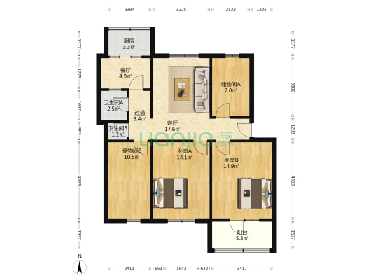 陕西航天干休所 2室2厅2卫 100平方