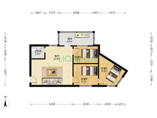 昌隆新苑 3室1厅1卫 66平方