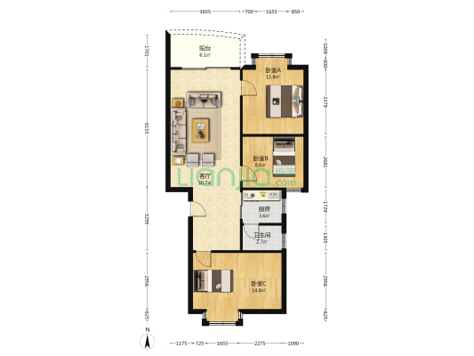梦和苑小区 3室1厅1卫 90平方