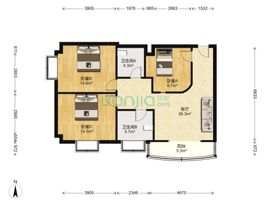 上城国际大厦 3室1厅2卫 126平方