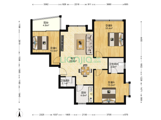 彩云洲小区 3室1厅2卫 117平方