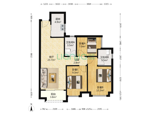 金地香山湖花溪小镇 3室1厅2卫 99平方