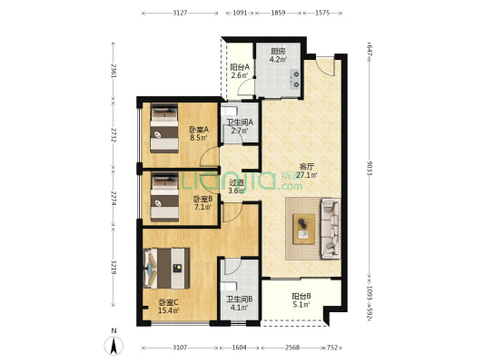 佛山院子三期 3室1厅2卫 103平方