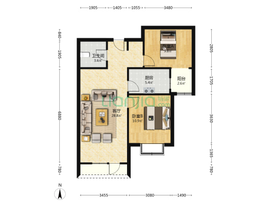 朝南两居，房本满二，高楼层视野开阔-户型图