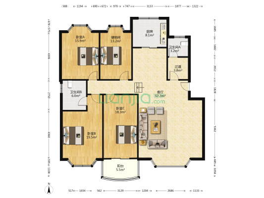 卧龙花园四区 3室1厅2卫 183平方
