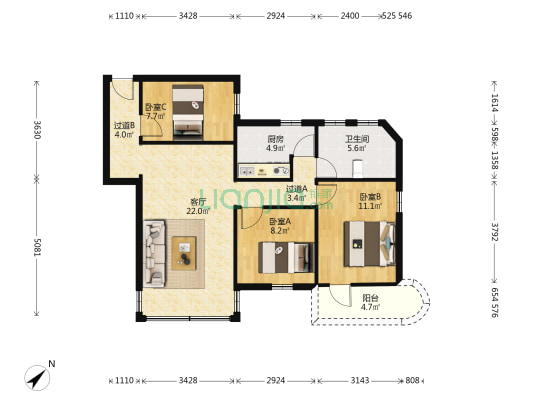 大源山庄 3室1厅1卫 81平方