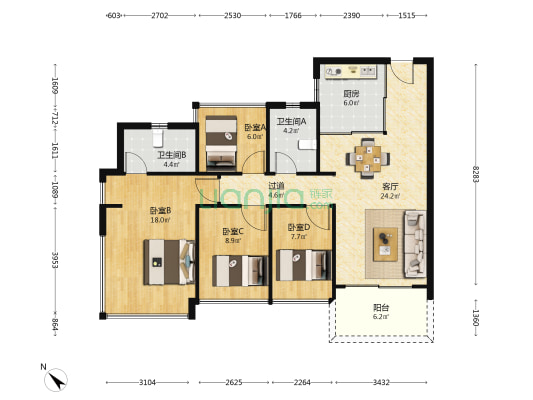 卓越晴翠府 4室1厅2卫 102平方
