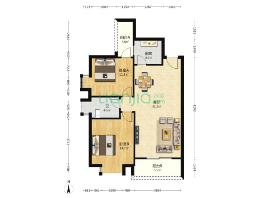 都市馨园 2室1厅1卫 89平方