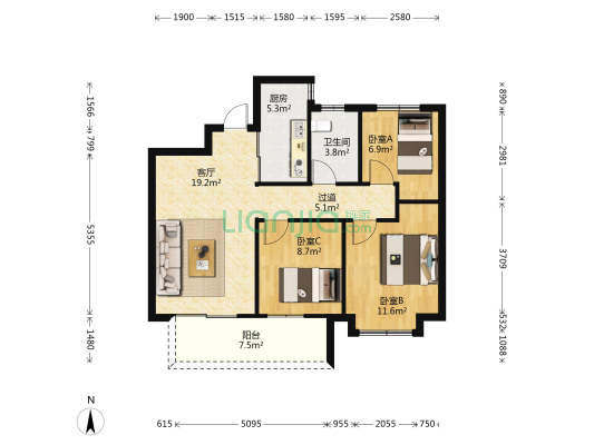 银亿朗境府 3室1厅1卫 88平方