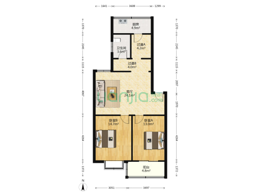 都市丽茵 2室1厅1卫 92平方