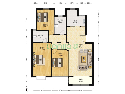 昆承华府 3室1厅2卫 140平方