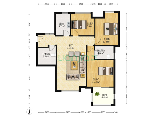 金地栖霞居 3室1厅2卫 110平方