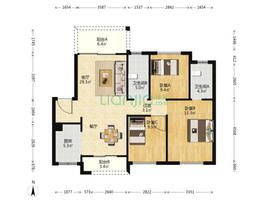远洋繁花里二期 3室1厅2卫 106平方