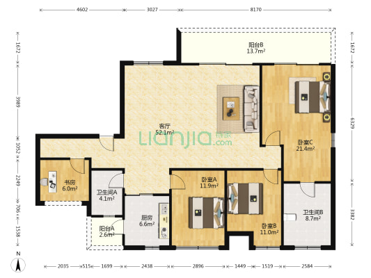 沙滨路唯一4.0社区品质住宅，观江大平层，横厅户型。-户型图