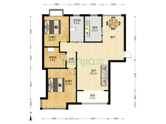 幸福广场 2室1厅1卫 111平方