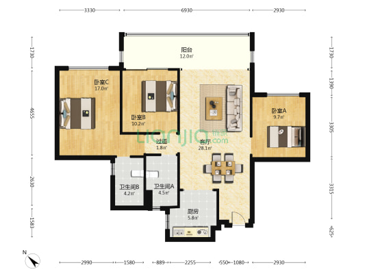 龙湖光年天玺 3室1厅2卫 120平方