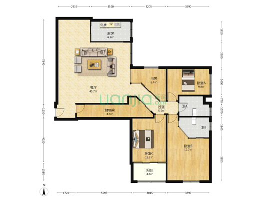 红旗大厦 4室1厅2卫 171平方