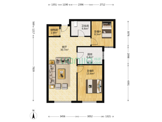 精装修两居，全天采光，房本满五唯一，交通出行方便-户型图