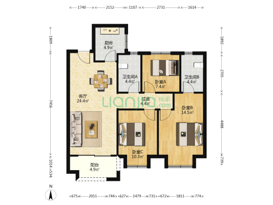 新力菩悦星都汇 3室1厅2卫 104平方