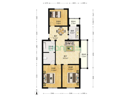 三元村甲 3室2厅1卫 111平方