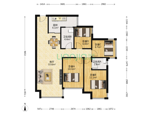 天誉花园3组团 4室1厅2卫 90平方