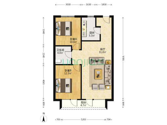 塞纳长青中心 2室1厅1卫 95平方