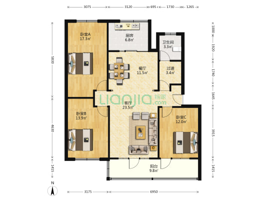 新华路九号大院 3室2厅1卫 109平方